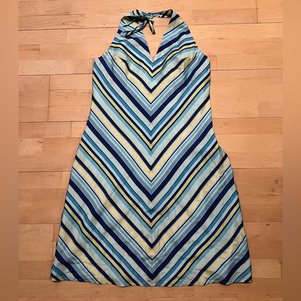 100% Silk Vintage American Eagle Striped Halter Neck Dress - Blue and Yellow